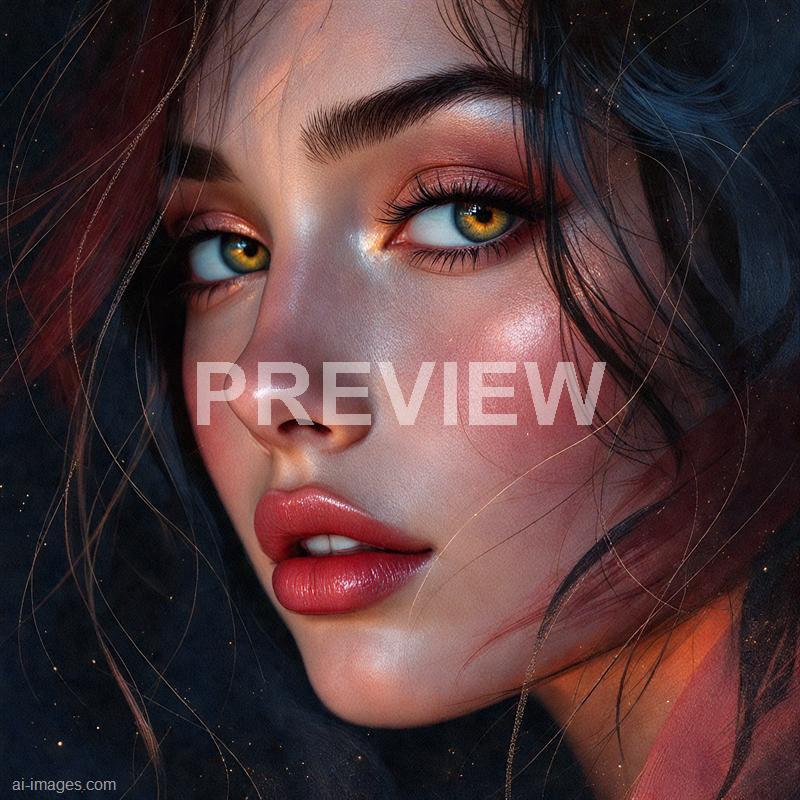 A close-up portrait of a woman with striking features, including piercing golden eyes with detailed irises, well-defined eyebrows, and long eyelashes. Her skin is smooth with a subtle glow, complemented by makeup that enhances her cheeks with a pink blush and her lips with a glossy, natural pink hue. Her dark, wavy hair frames her face, with a few strands falling over her forehead, creating a captivating and intense expression.